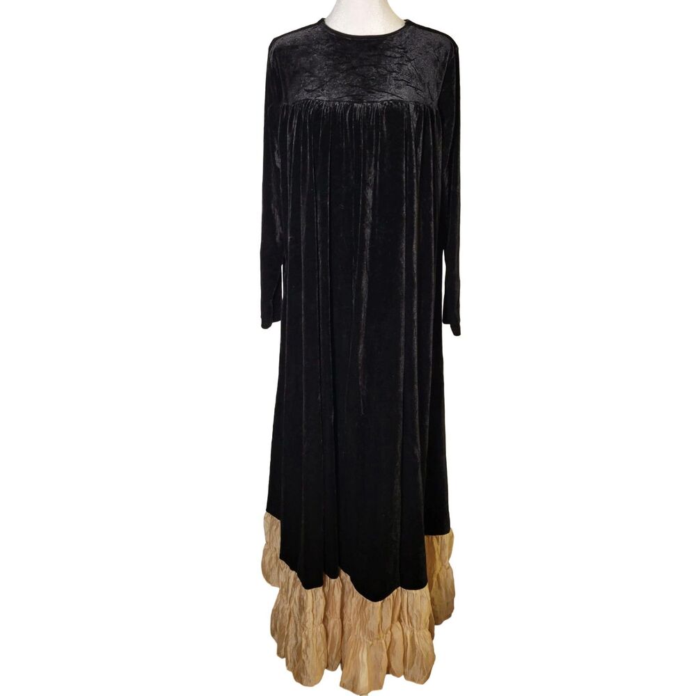 NWT Black Velvet Maxi Dress M Gold Ruffle Hem Long Sleeve Whimsigoth Renaissance